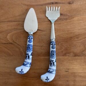 PRILL SHEFFIELD  BLUE ONION‎ PORCELAIN HANDLE 2 PIECE Fork & Cheese Spreader